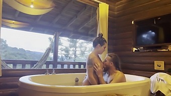 A Romantic Couple Enjoys Sex In A Scenic Mountain Setting, With A Sensual Bath