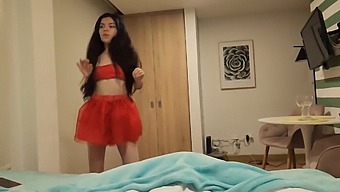 Stunning Woman In Red Skirt Desires Christmas Wish Of Intense Sex